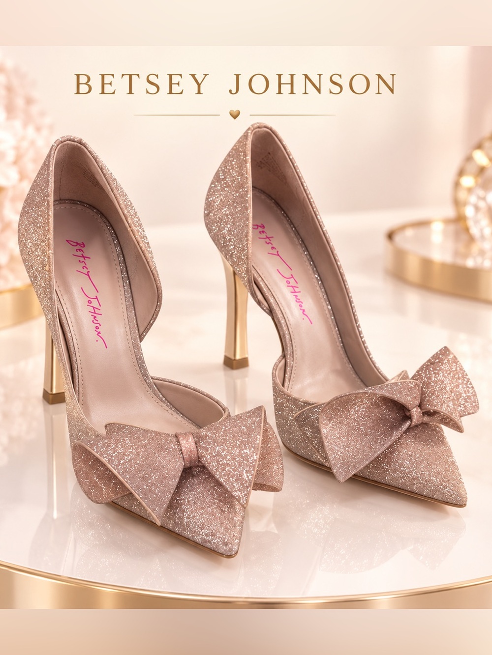 Betsey Johnson Rose Gold Glitter Bow Heels Size 7